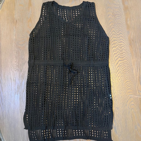 Black Crochet Knit Cover Up Sleeveless Dress Tunic Beach Pool Swim Size L - Picture 1 of 4
